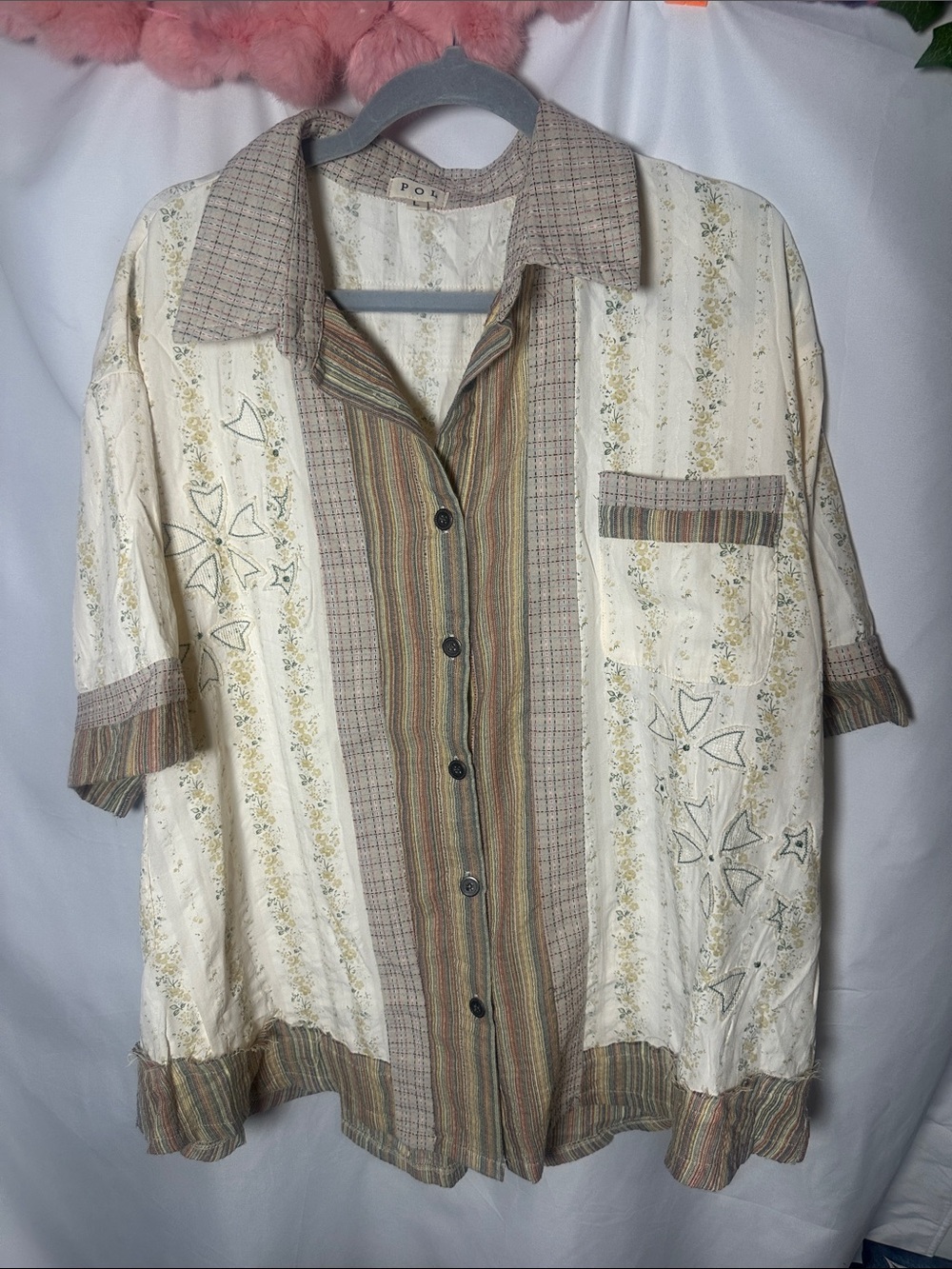 POL women’s  Short-Sleeve Button-Down Shirt in Cream, Beige & Brown Stripe